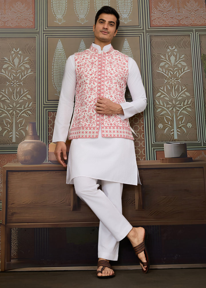White Kurta And Pant With A Pink And White Embroidered Nehru Jacket