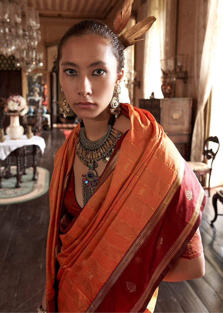 Orange Tussar Silk Handloom Weaving Saree