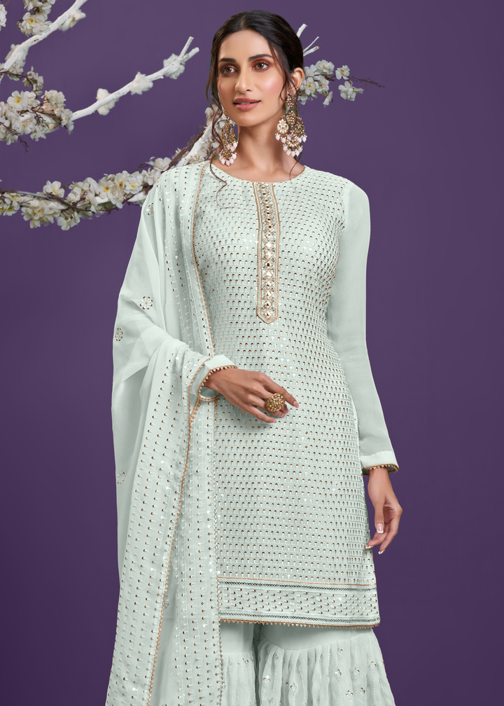Light Coral Blue Georgette Sharara Suit with Thread, Sequins & Khatli work
