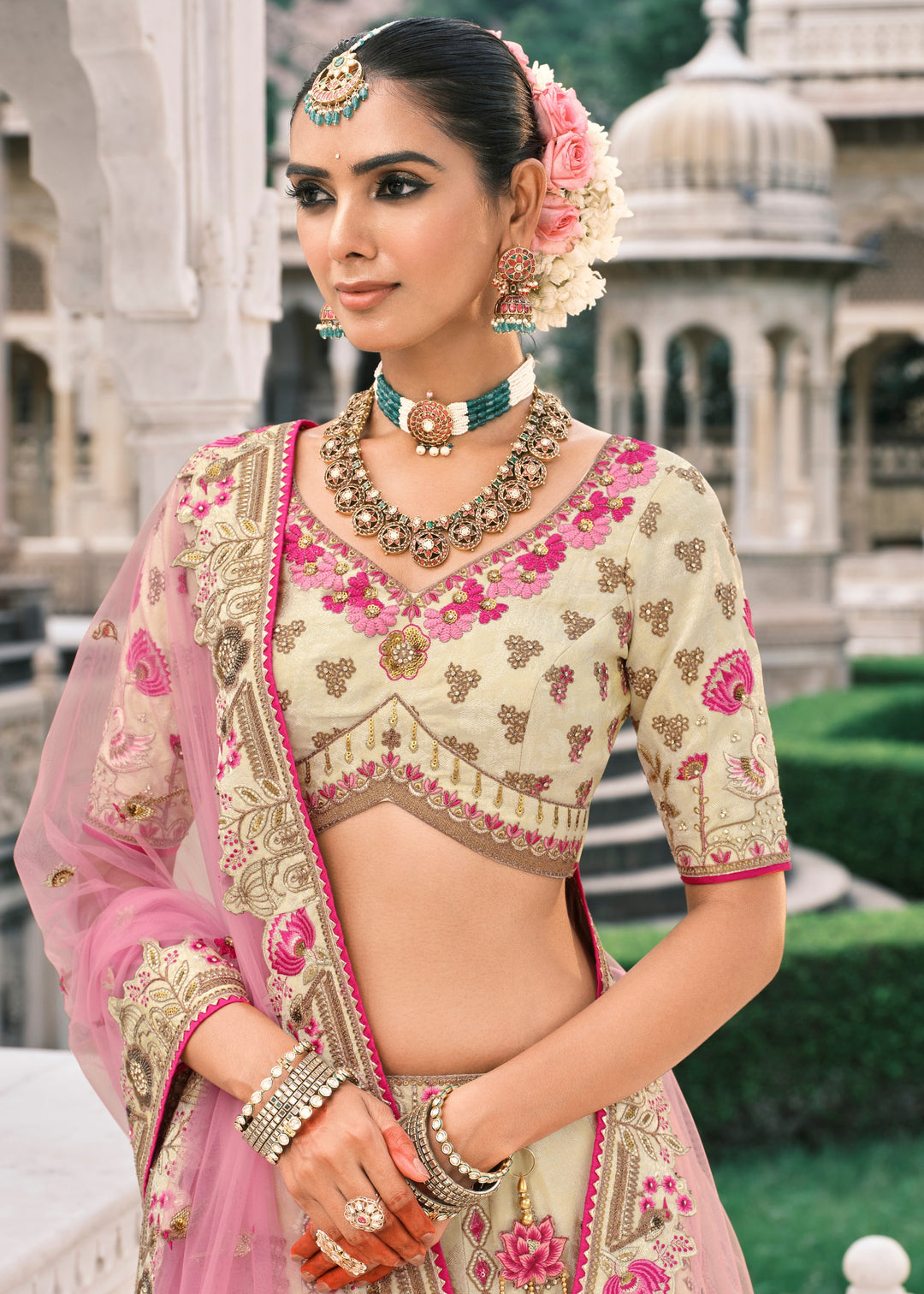 Off-White Fancy Silk Lehenga Choli With Cut Work Embroidery Border & Stone Work