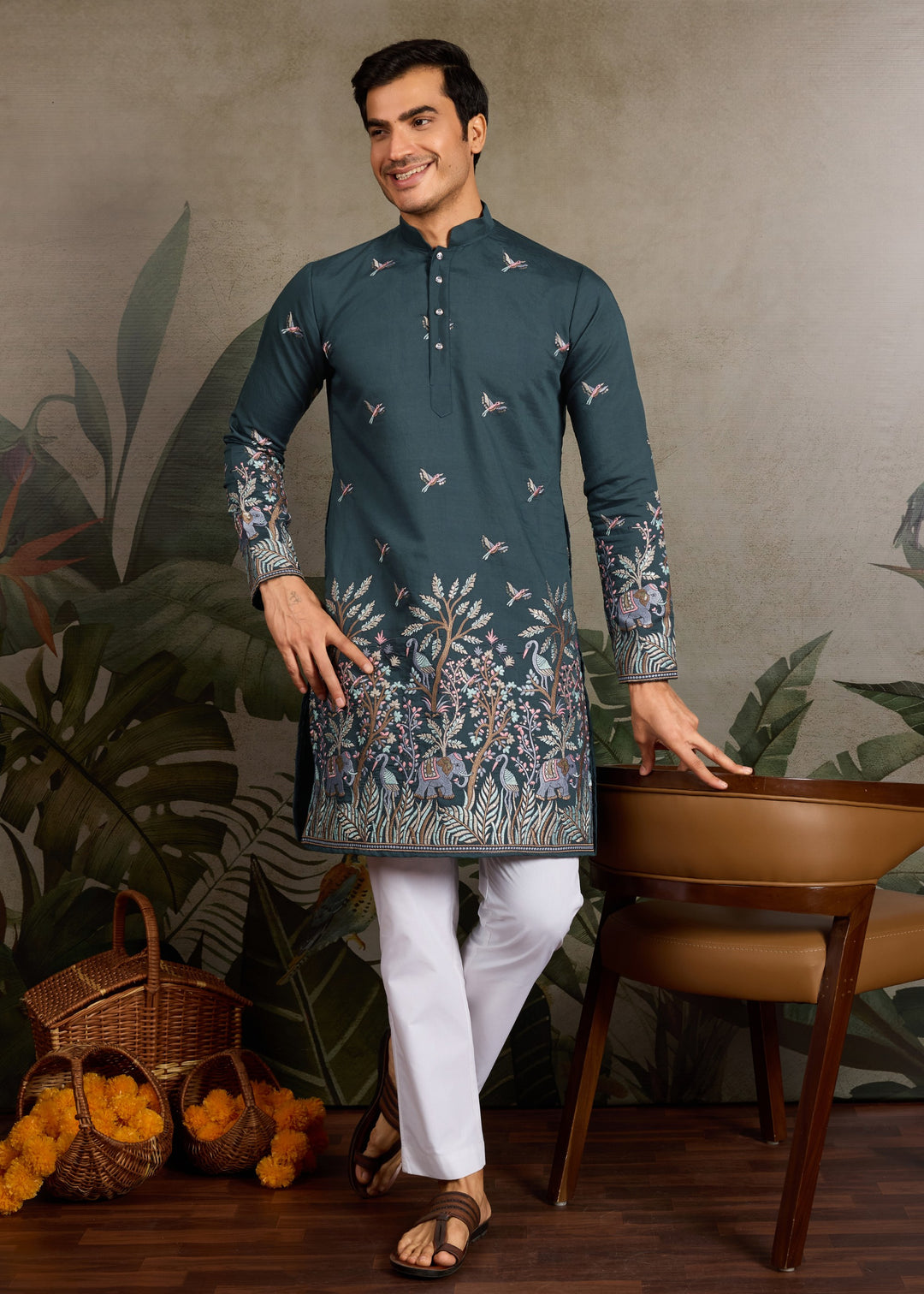 Deep Teal Green Mens Silk Kurta with Pant