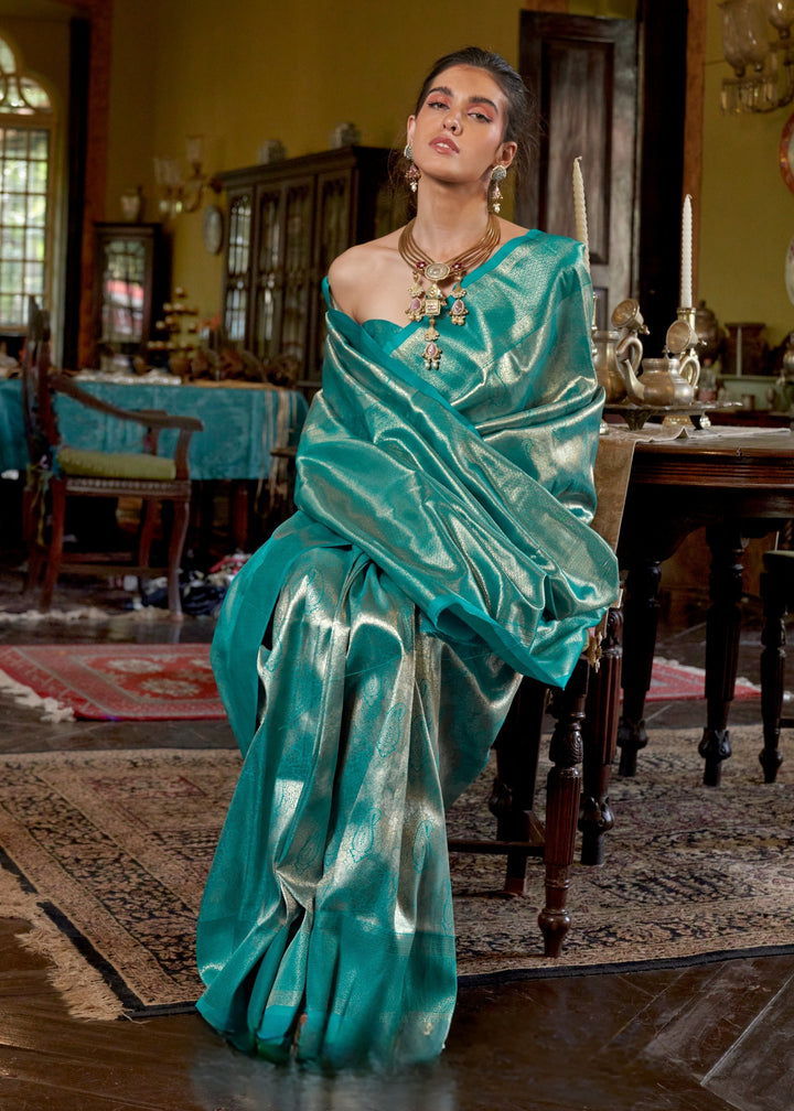 Aqua Green Pure Handloom Dharmavaram Weaving Silk Saree