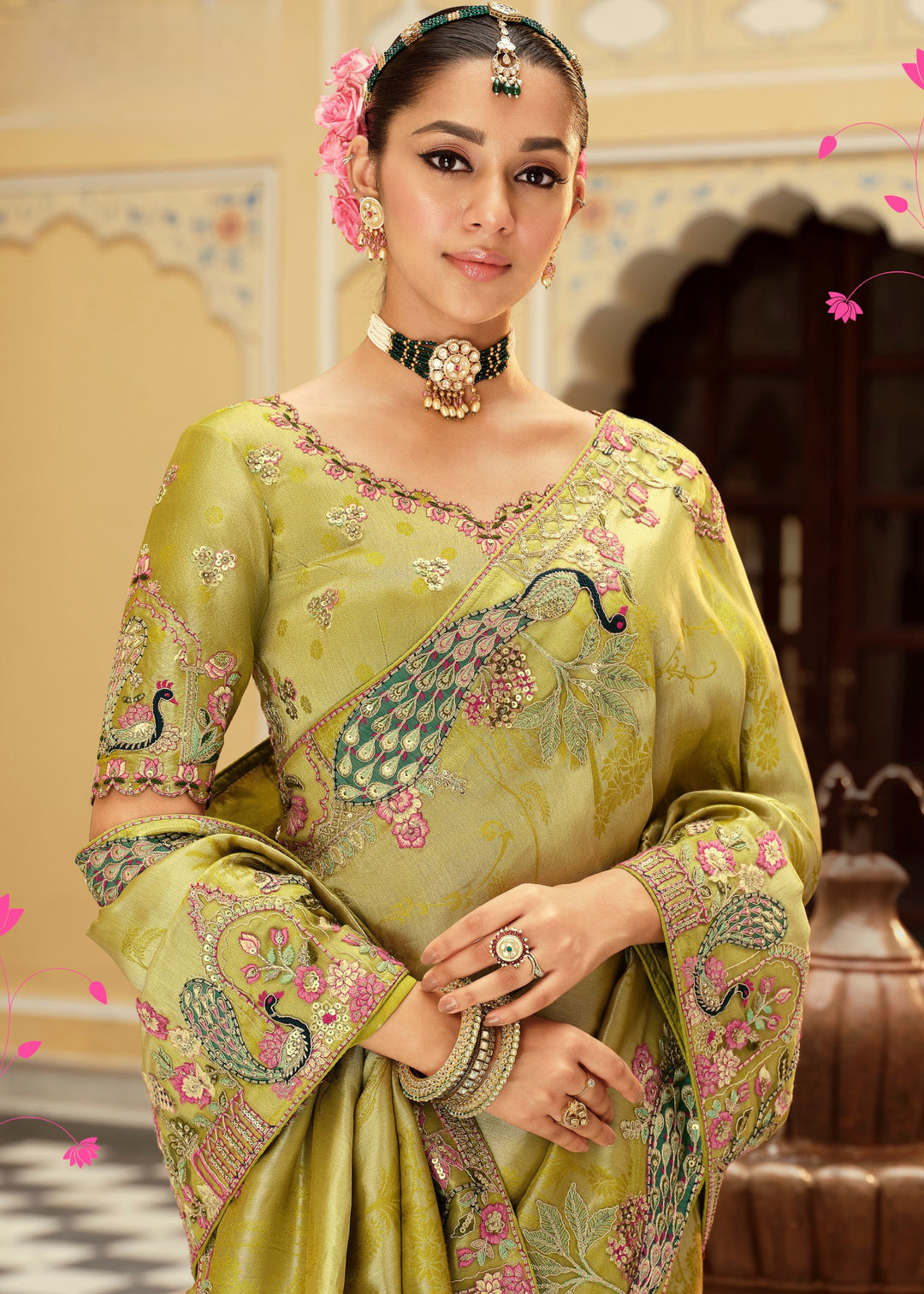 Lime Green with Multicolor floral embroidery Silk Saree