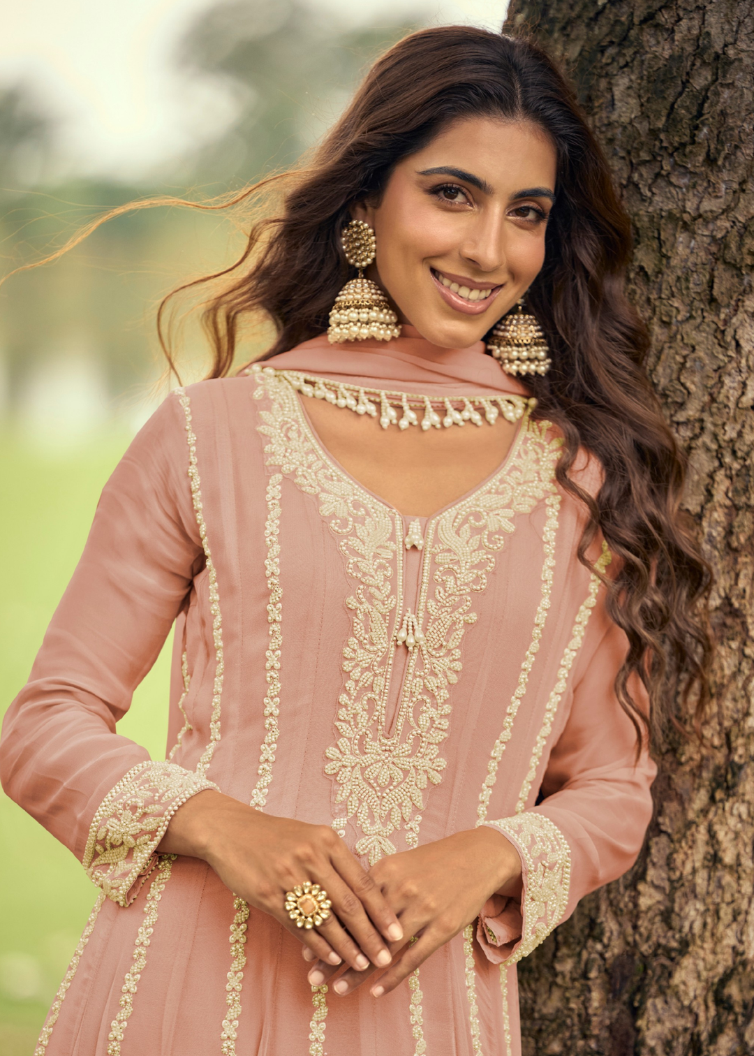 Peach Pink Georgette Anarkali Suit