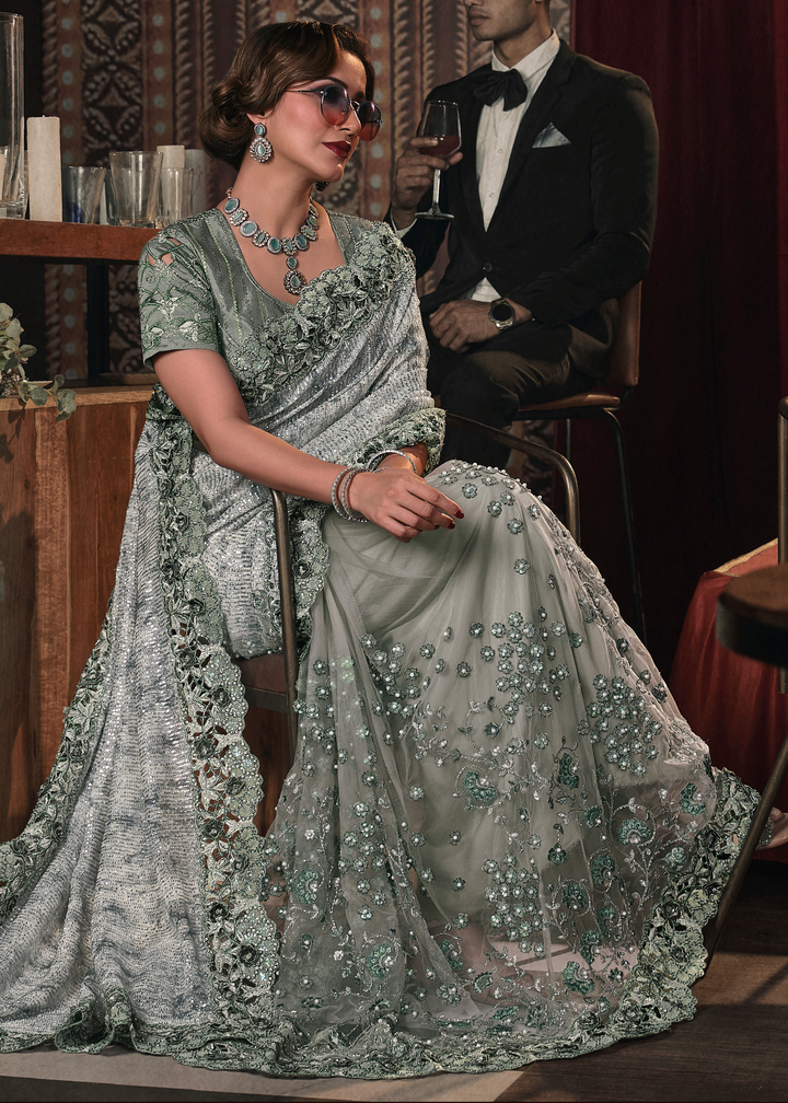 Tea Green Digital Net Saree with Thread, Sequence,Zarkan,Moti and Flower Applique work