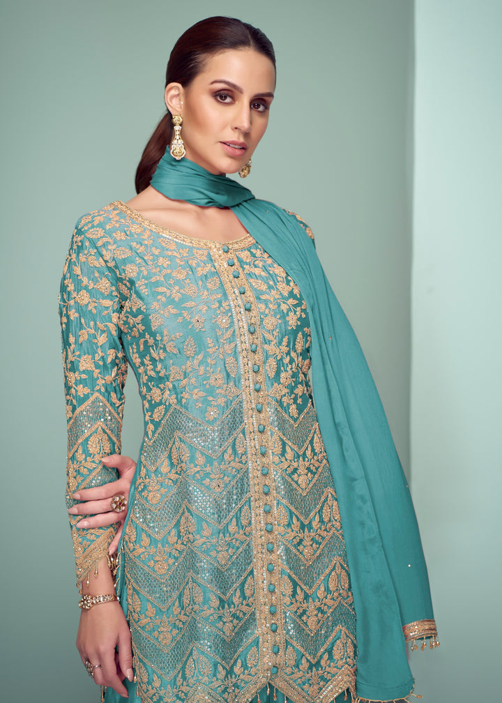 Sky Blue Chinnon Silk Plazo Suit With Thread Embroidery