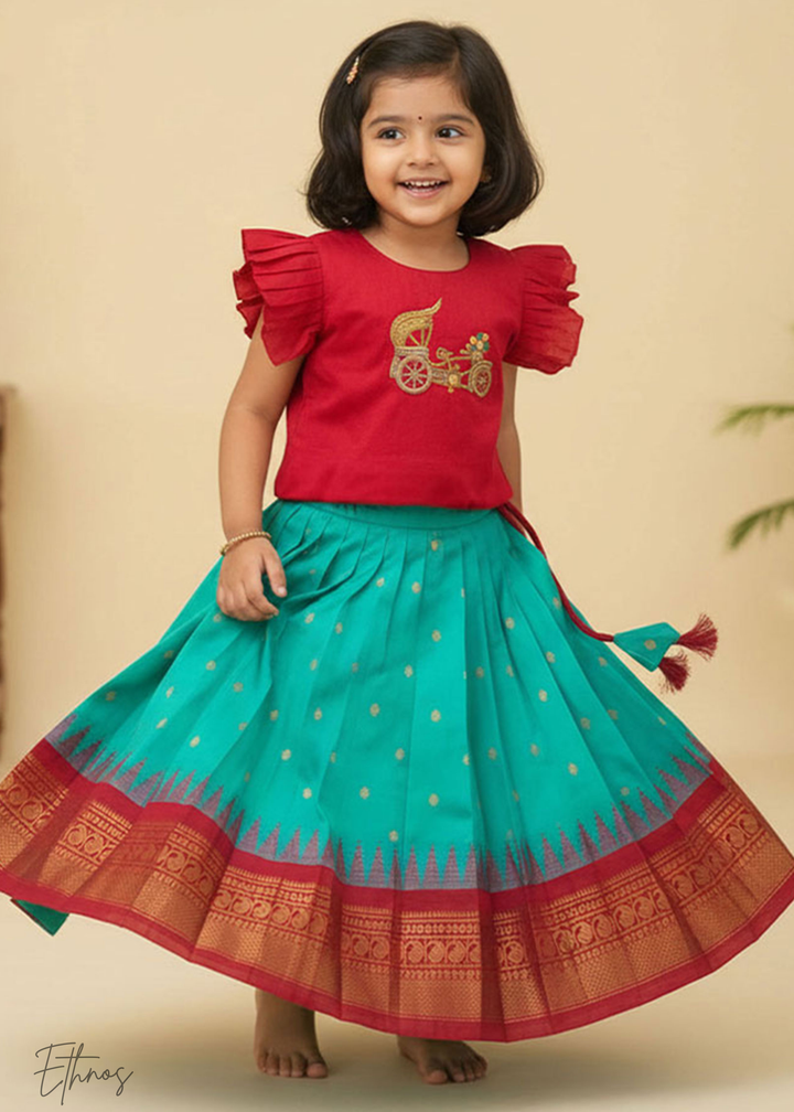 Raw Silk Red and Green Lehenga - Carriage