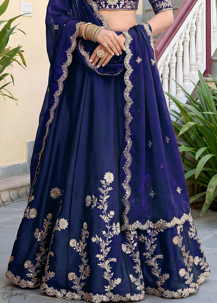 Deep Sapphire Floret Zari Rangoli Silk Lehenga