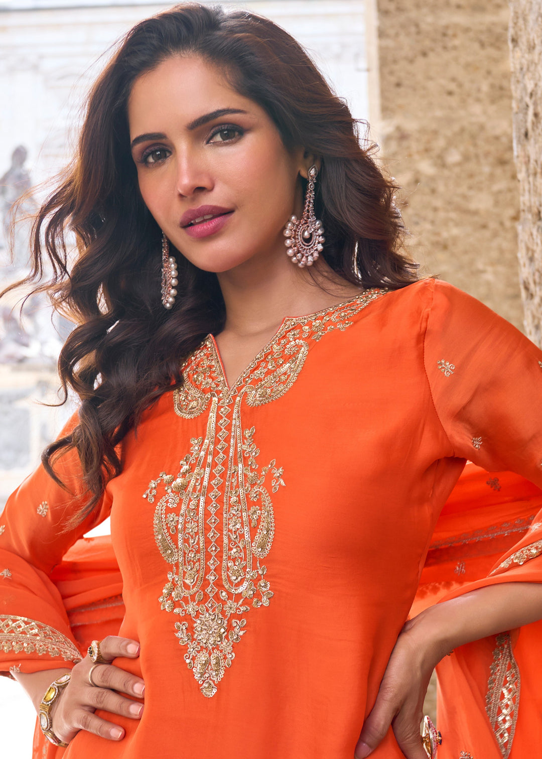 Hot Orange Chinon SIlk Palazzo Suit With Embroidered Work : Top Pick
