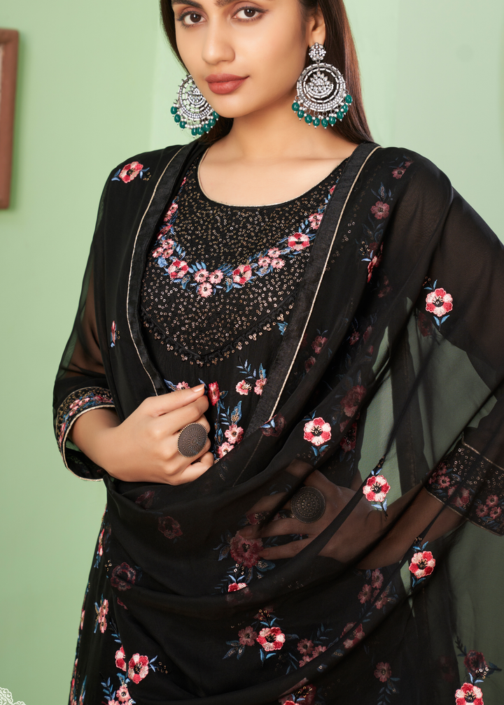 Pitch Black Georgette Salwar Suit with Multi Colour Thread Embroidery & Sequence work