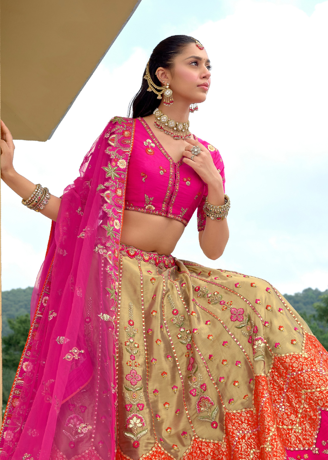 Rani Pink And Olive Green Silk Lehenga With Cut Work Border And Embroidery