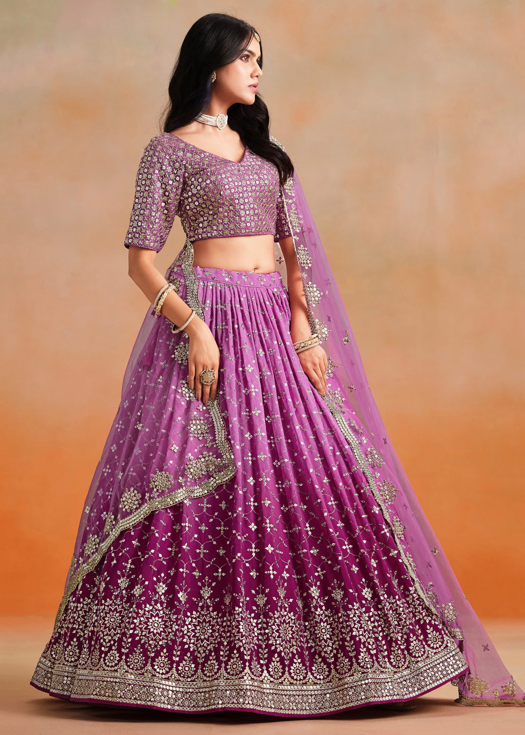 Rani Pink Sequins Zari Embroidered Work Georgette Lehenga