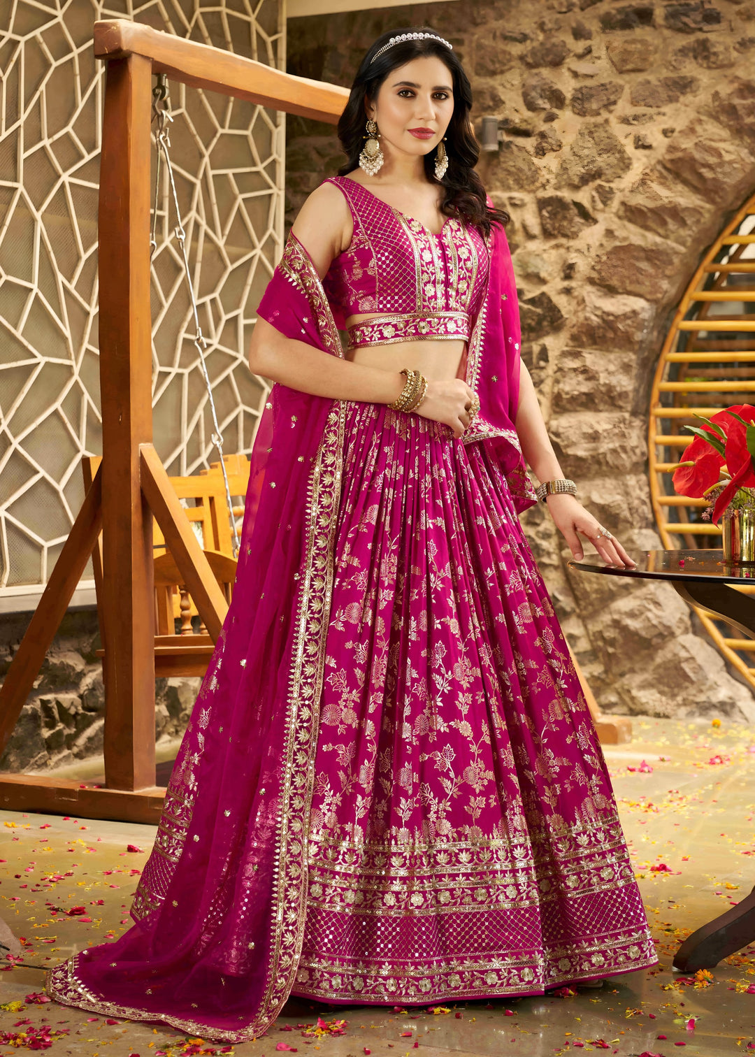 Rani Pink Sequins and Zari Embroidery Work Silk Lehenga