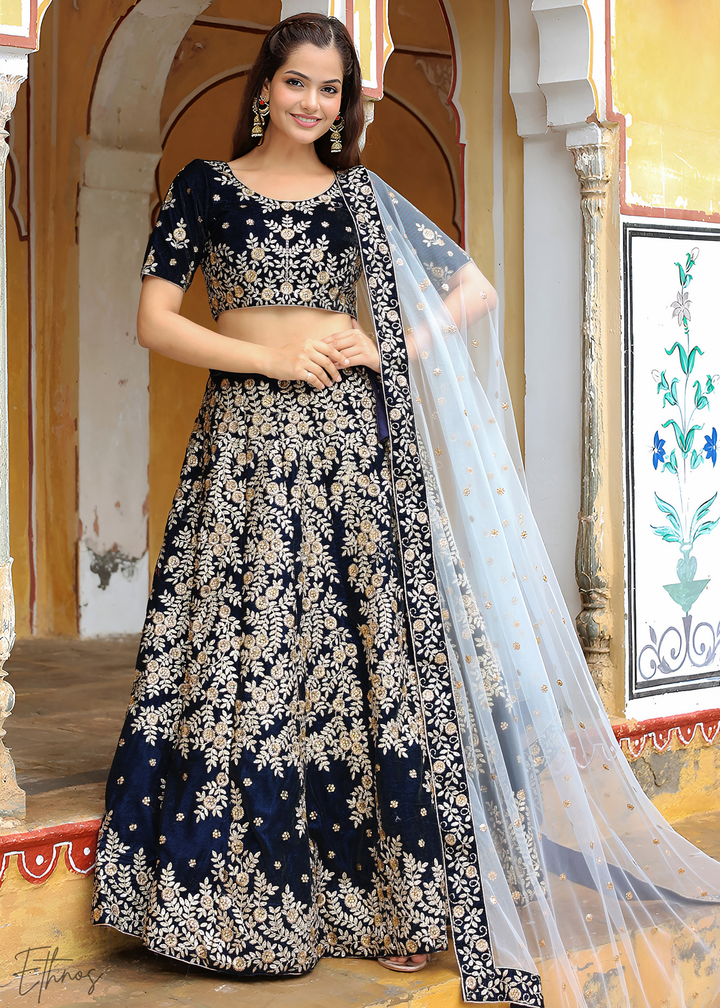 Dark Blue Velvet Lehenga With Dupatta