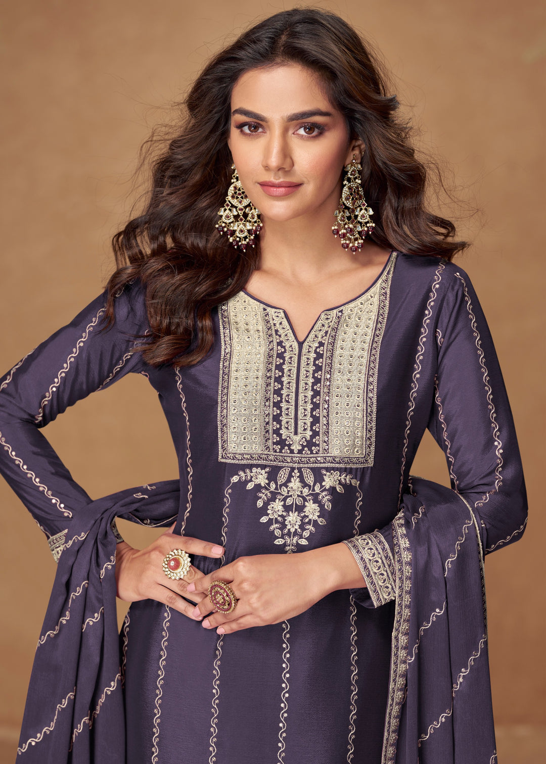 Navy Blue Premium Chinnon Silk Salwar Suit