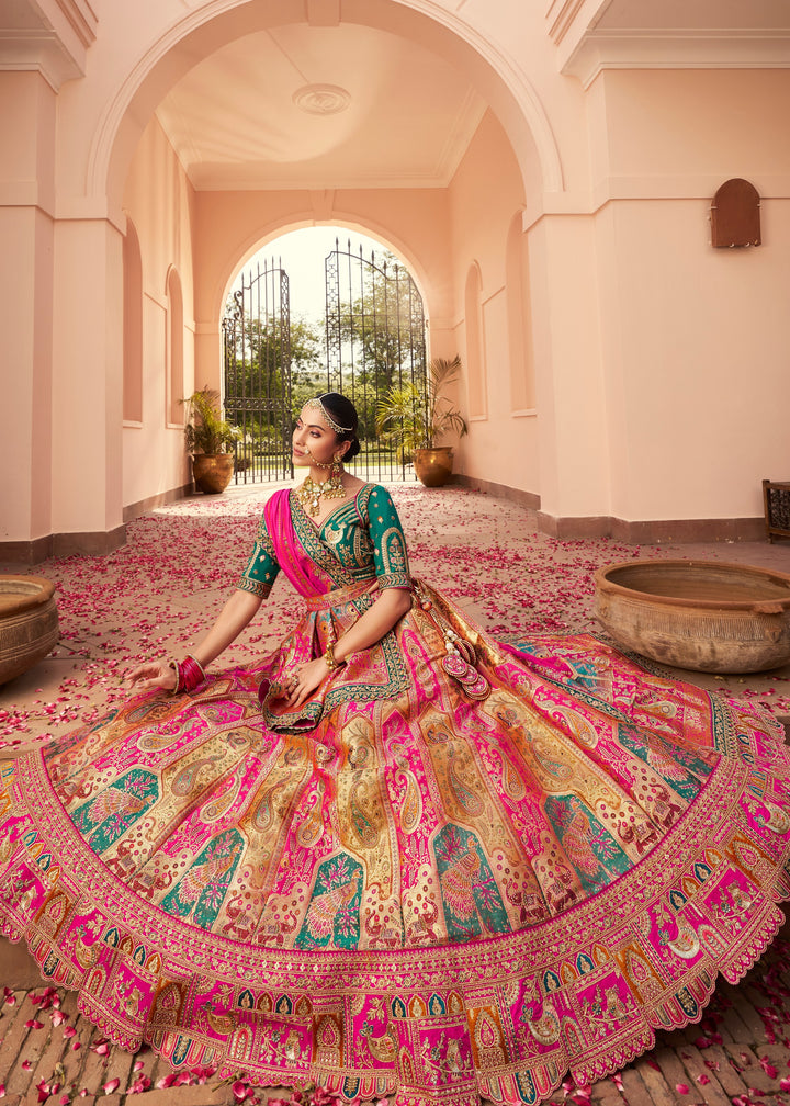Magenta Pink Banarasi Silk Lehenga With Golden Zari Work