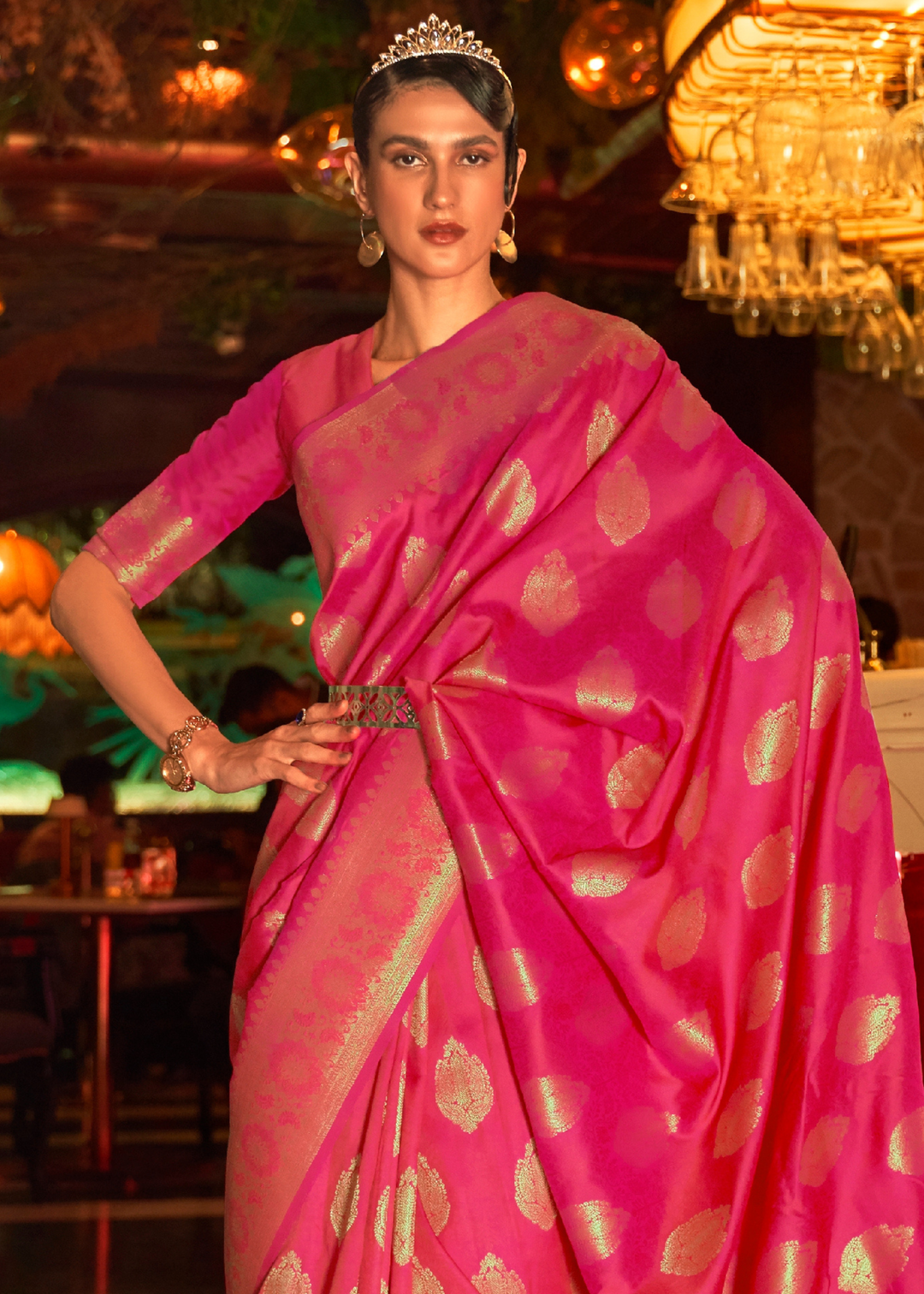 Bright Pink Handloom Woven Banarasi Silk Saree