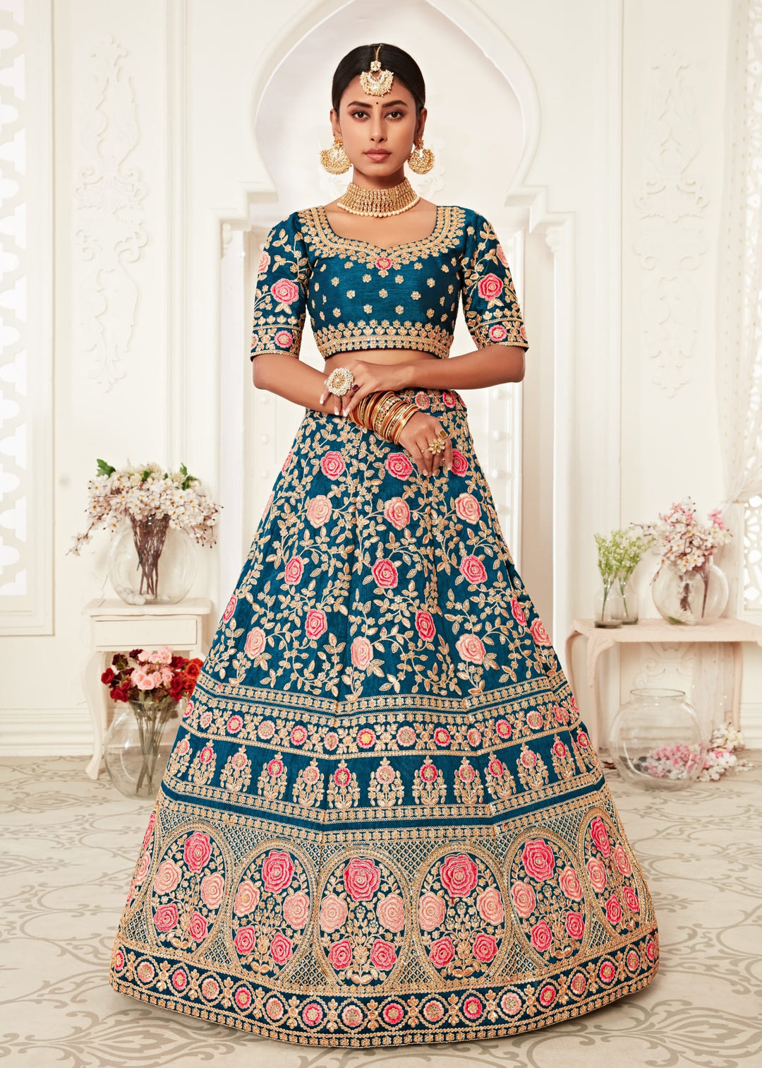 Navy Blue Slub Silk With Zari, Dori, Thread And Sequins Floral Embroidery Bridal Lehenga
