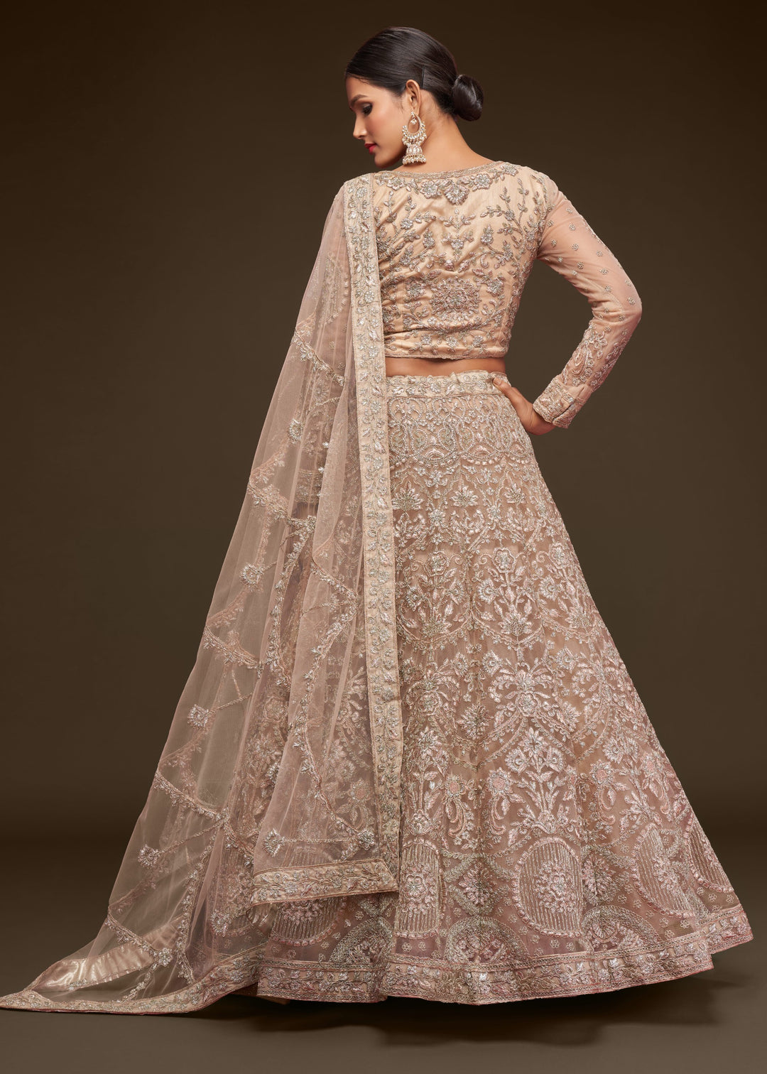 Royal Beige Soft Net Lehenga with Thread, Zari, Badla and Glitter Dori Embroidery Work