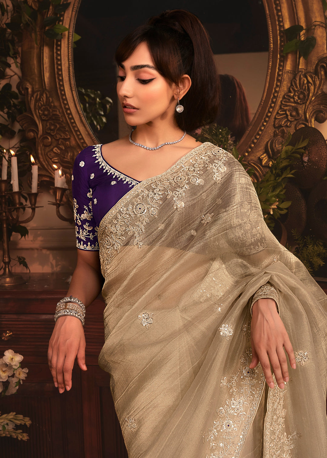 Beige Tissue Organza Saree With Heavy Embroidery