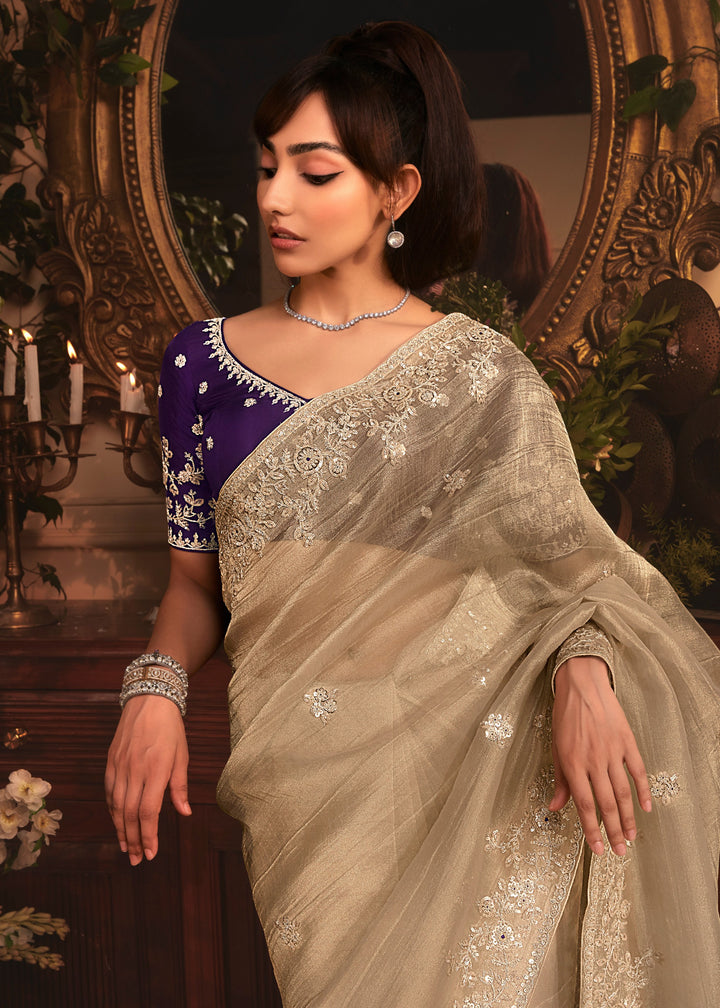 Beige Tissue Organza Saree With Heavy Embroidery