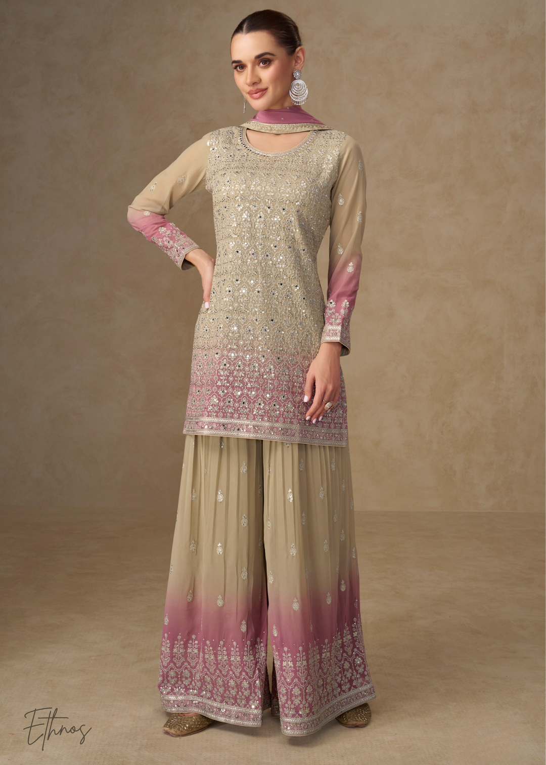 Beige Gold And Mauve Pink Georgette Salwar Suit