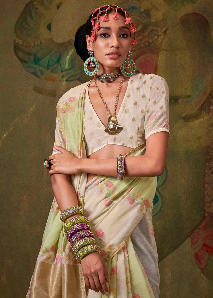 Off White And Green Cotton Silk Saree With Rangkaat Handloom Weaving