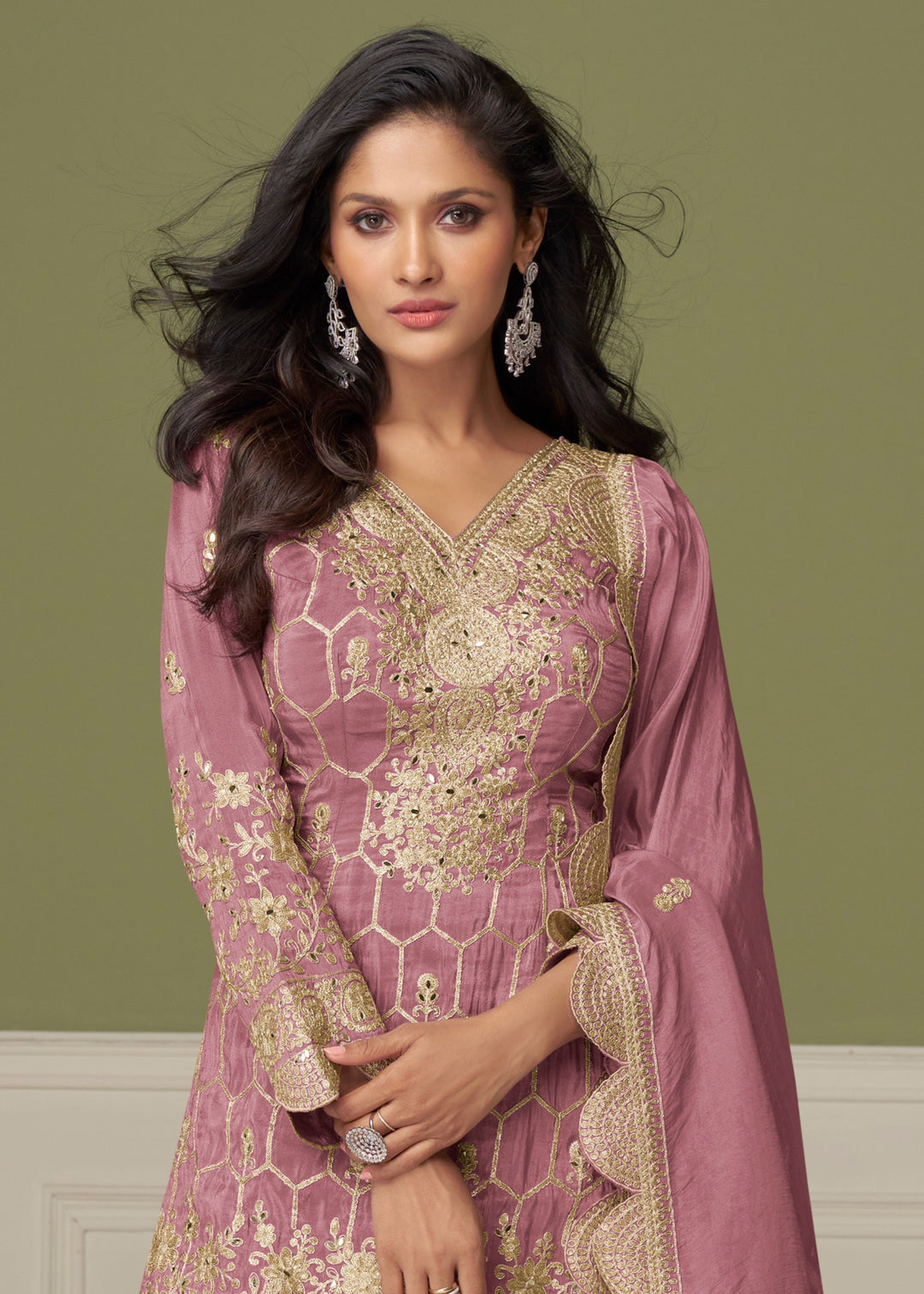 Elegant Dusty Rose Pink Silk Salwar Suit with golden embroidery