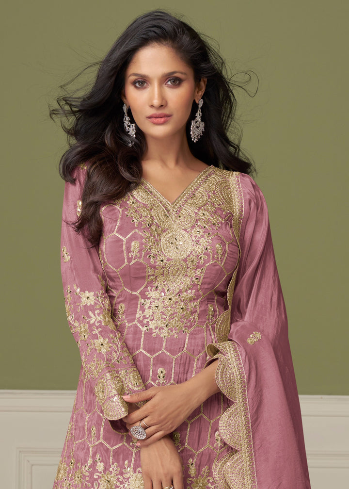 Elegant Dusty Rose Pink Silk Salwar Suit with golden embroidery
