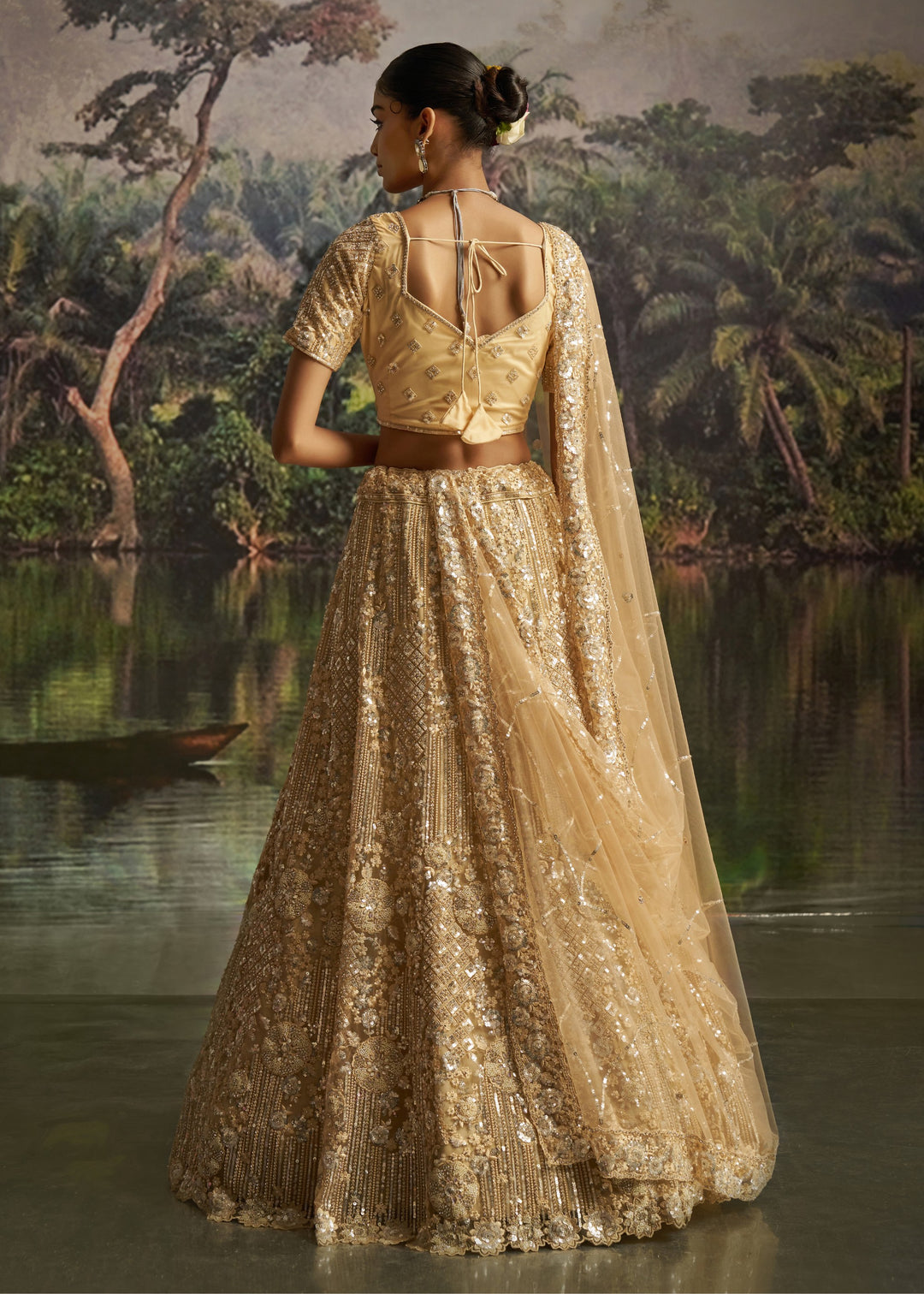 Golden beige Soft Net Lehenga with heavy embroidery
