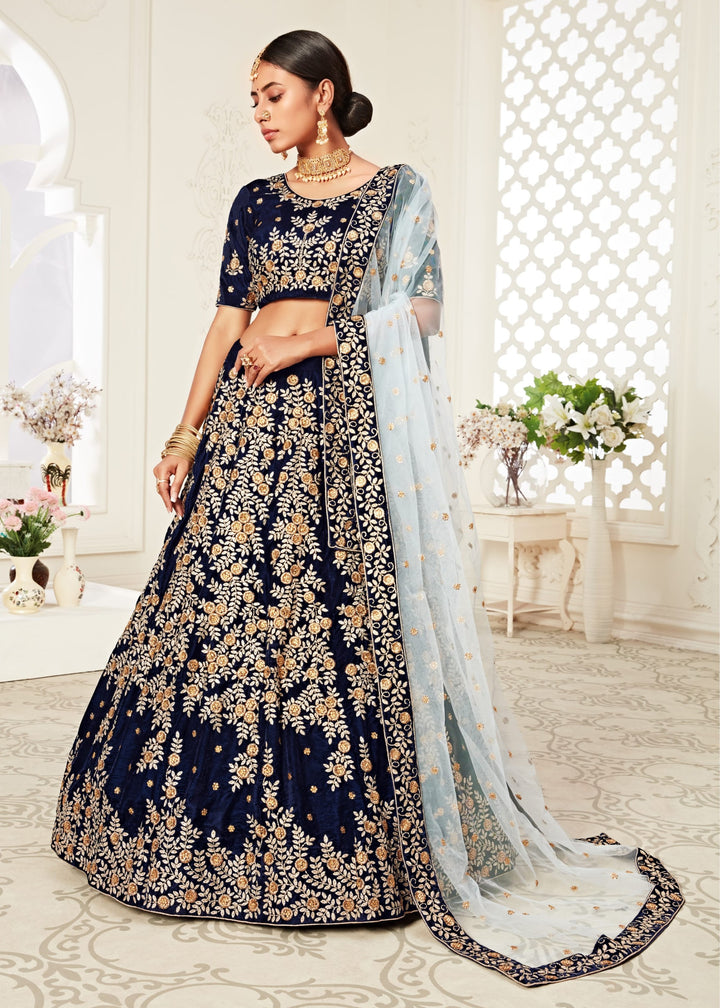 Navy Blue Velvet Lehenga With Zari & Thread embroidery With Diamond Work