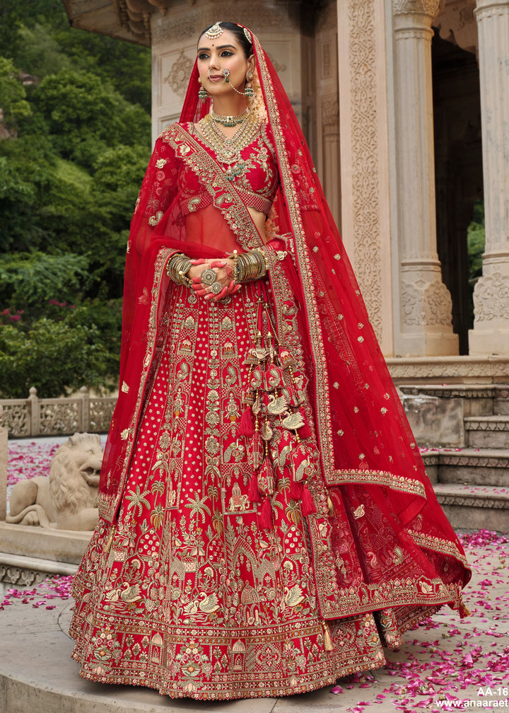 Currant Red Heavy Bridal Silk Lehenga With Khatli And Embroidery Work
