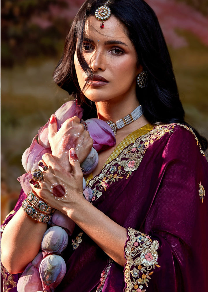 Mustard And Maroon Saree With Embroidery And Handwork Designer Cut Border