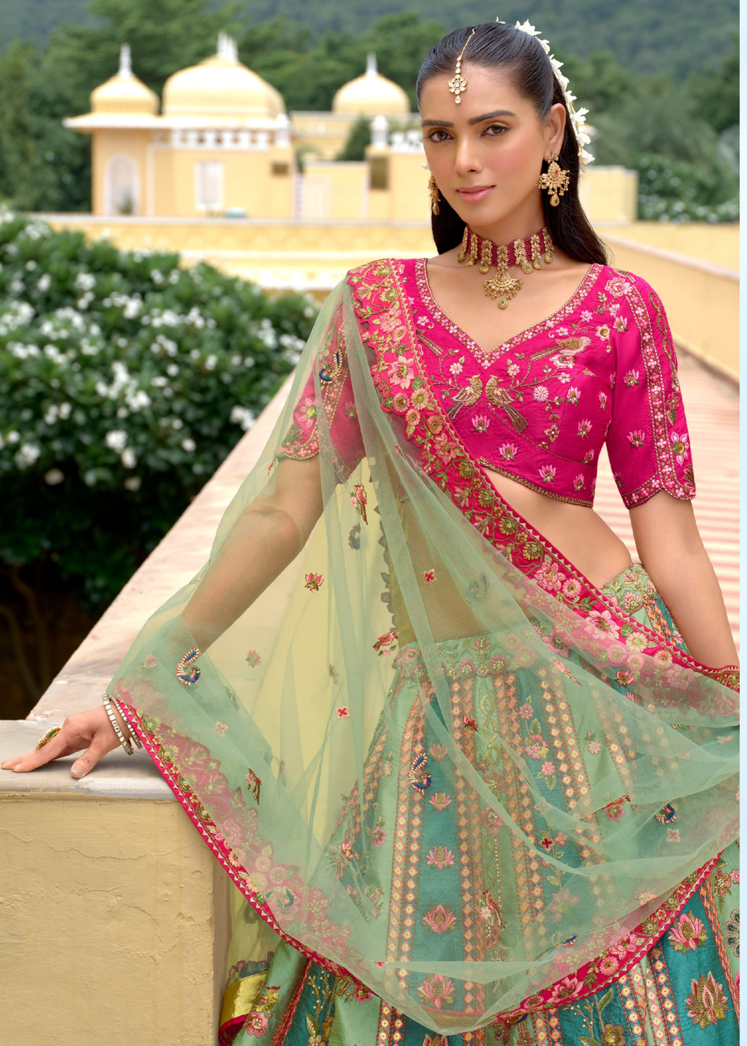 Teal Green And Pink Silk Lehenga With Cut Work Border And Embroidery