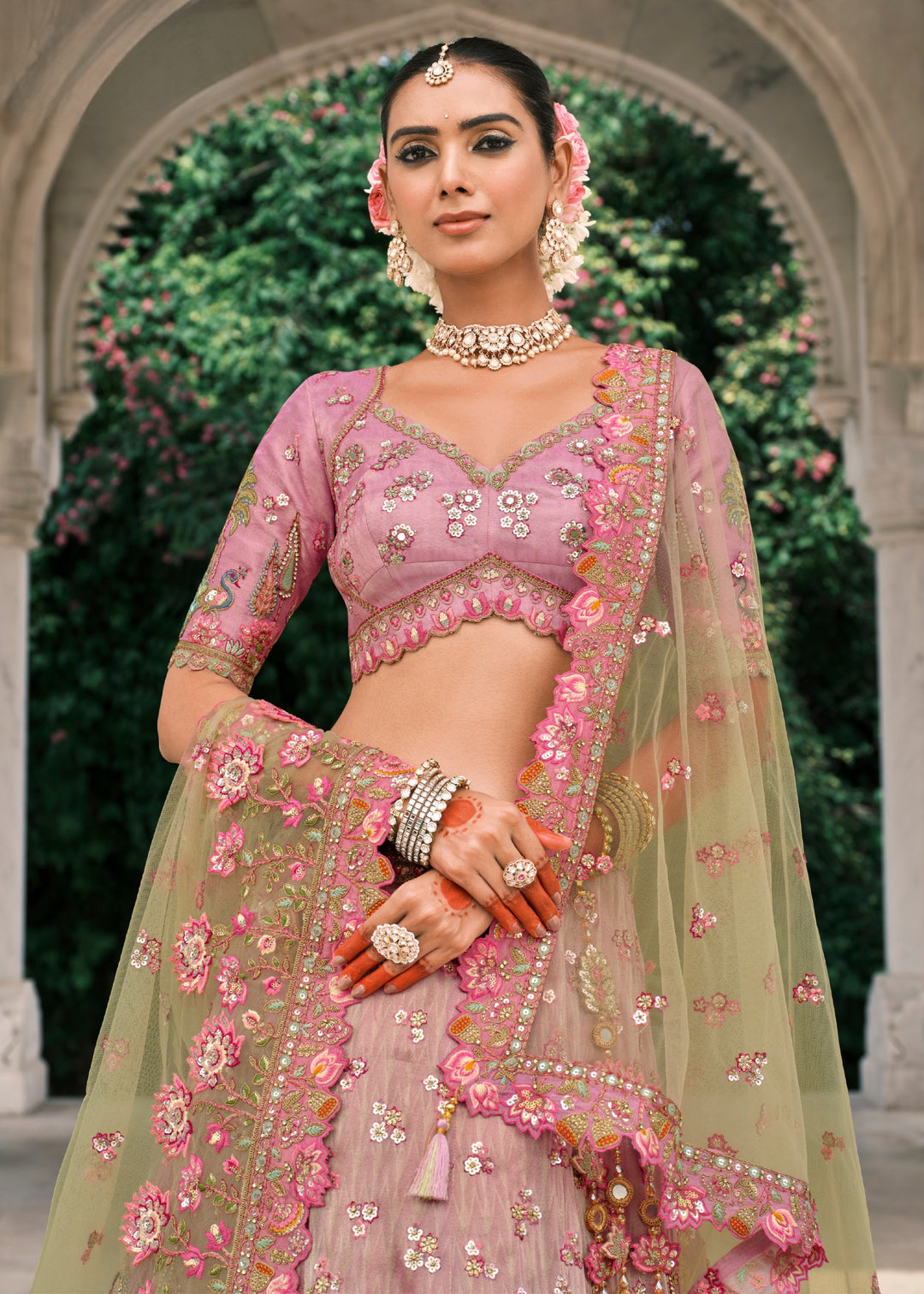 Pistachio Green Fancy Silk Lehenga Choli With Cut Work Embroidery Border & Stone Work