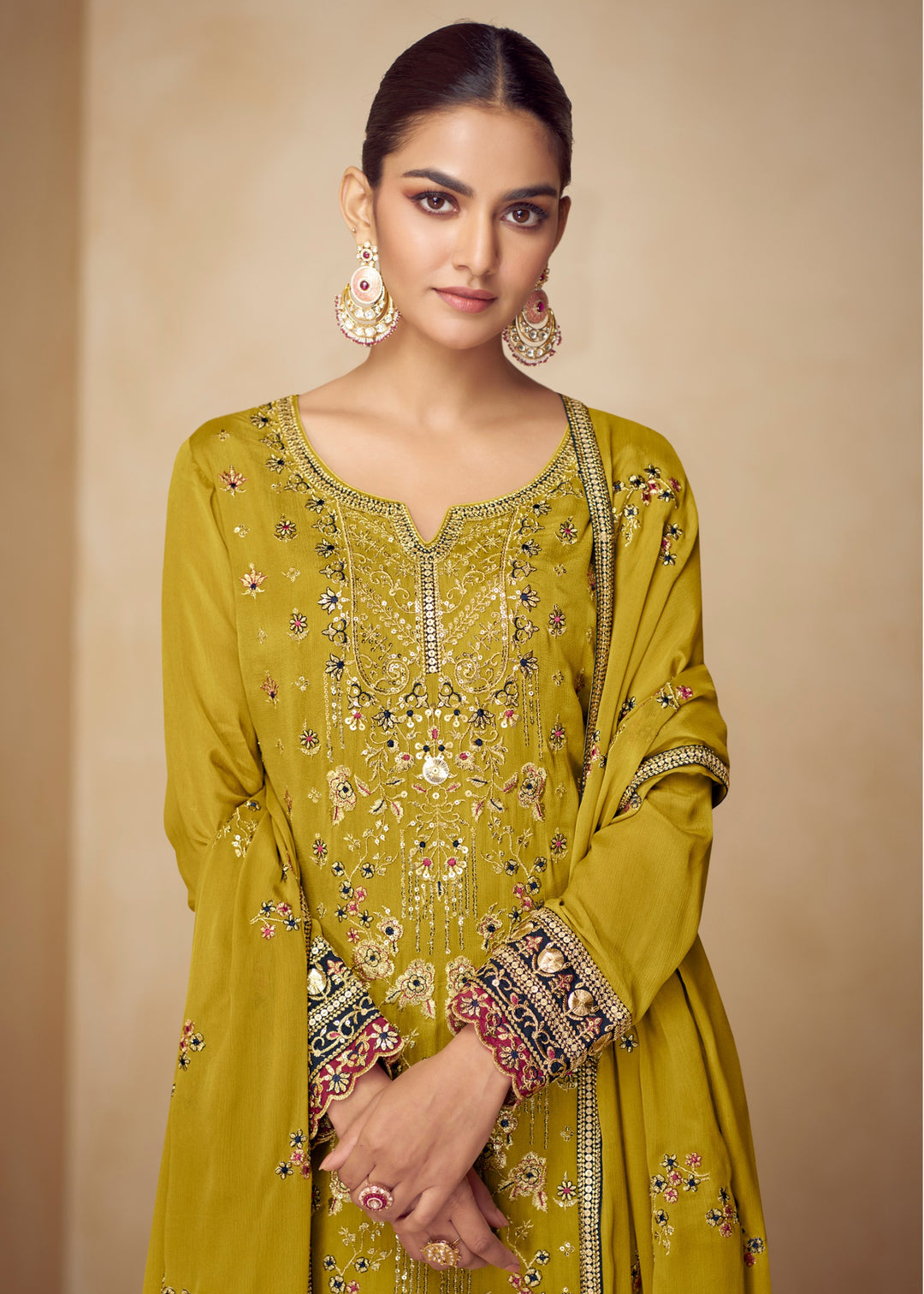 Citrine Yellow Chinon Palazzo Silk Suit With Beautiful Embroidery Work