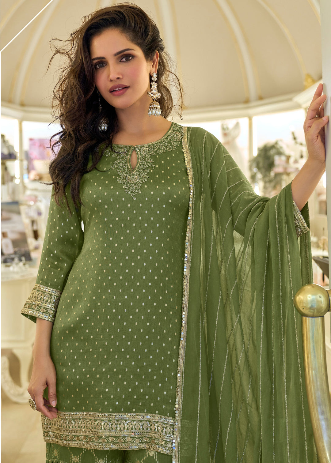 Green Viscose Simar Jacquard Silk Palazzo Suit