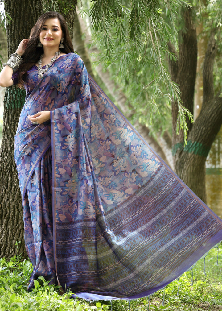 Blue Flower Printed Design Cotton Silk Saree With Printed Pallu