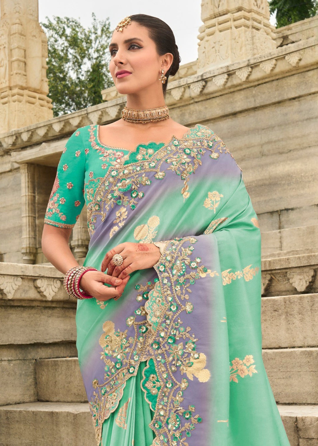Seafoam Silk Saree With Embroidery Cut and Butti Work
