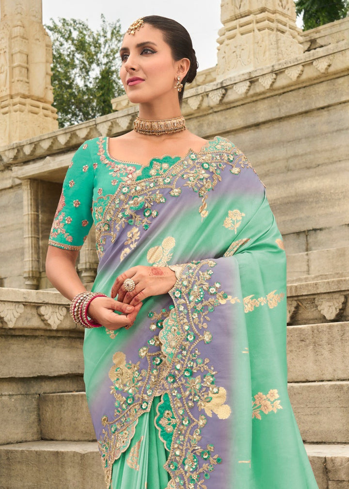 Seafoam Silk Saree With Embroidery Cut and Butti Work