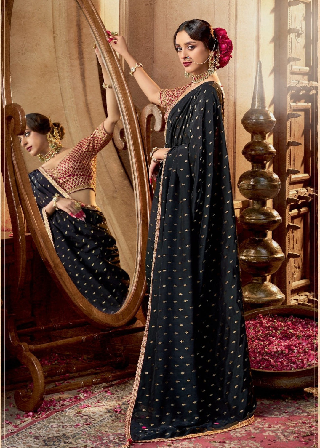 Black Pure Viscous Crepe based fabric with Hand dying & Butti weaving Saree