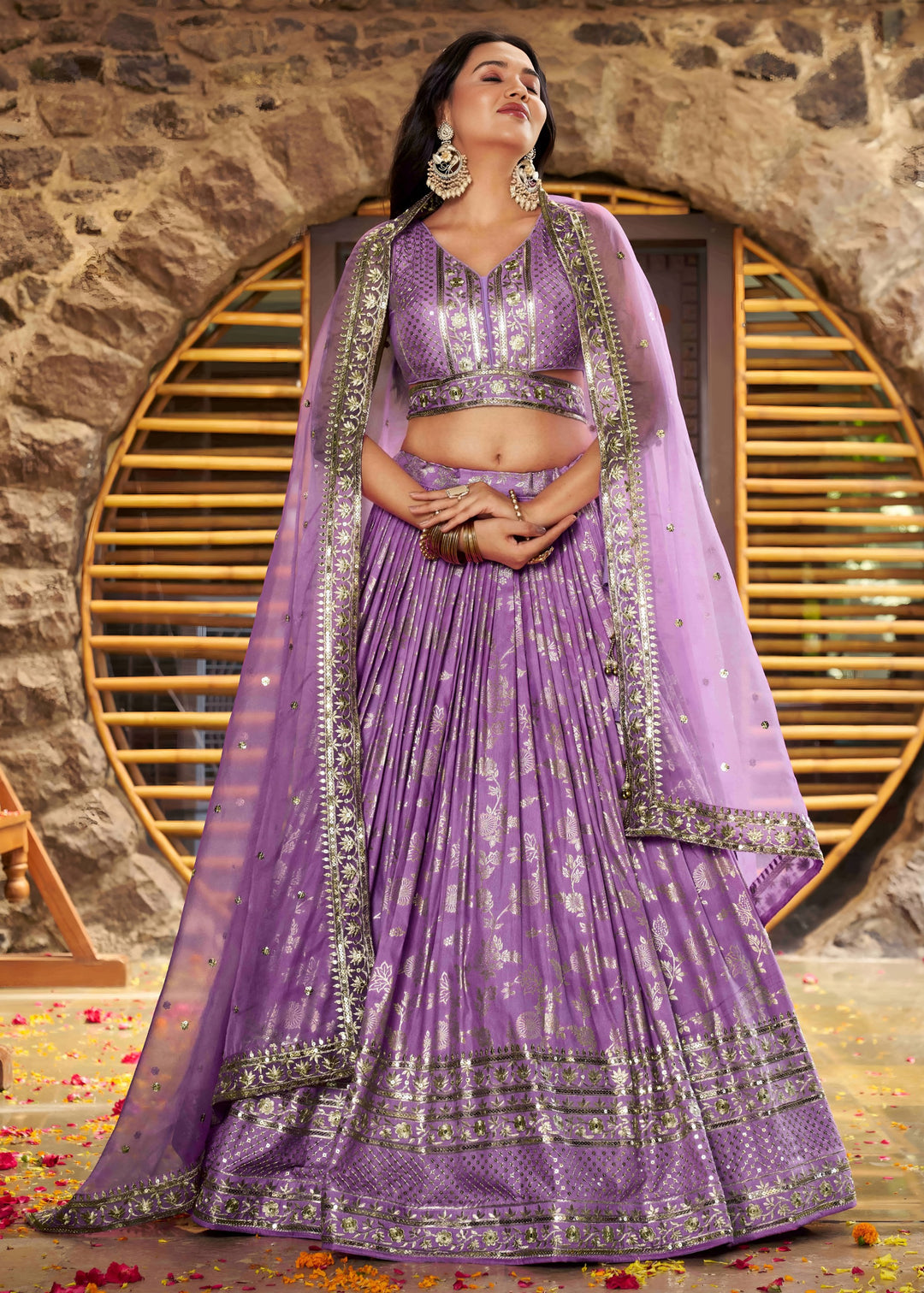 Lavender Sequins and Zari Embroidery Work Silk Lehenga