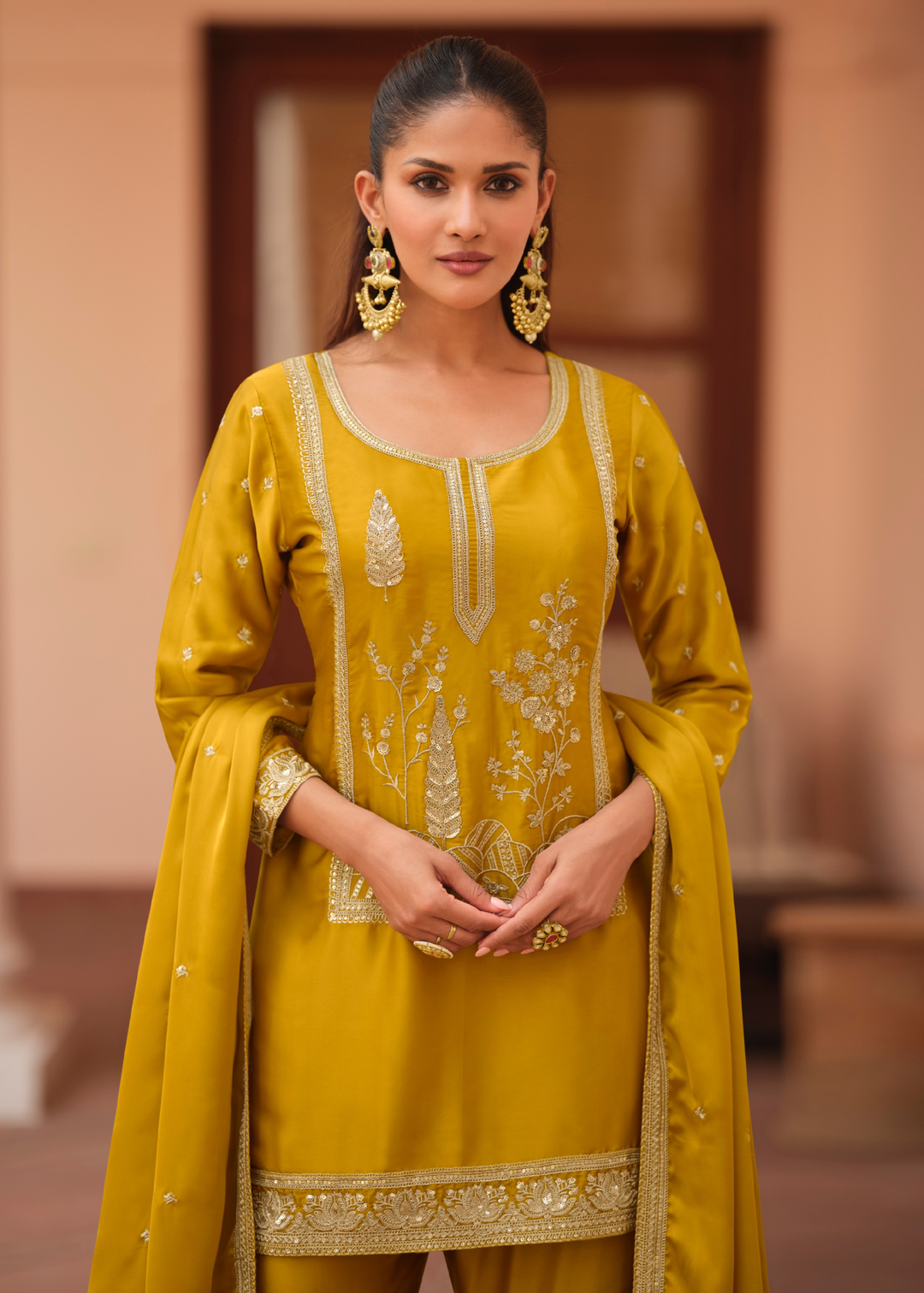 Olive Mustard Silk Satin Sharara Suit
