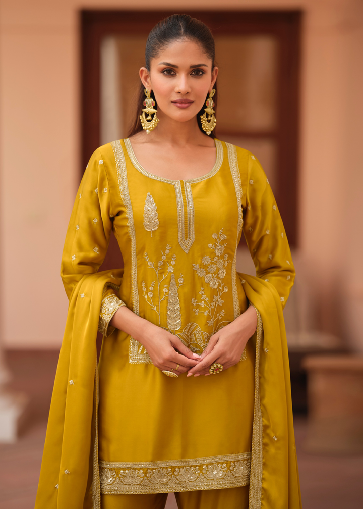 Olive Mustard Silk Satin Sharara Suit