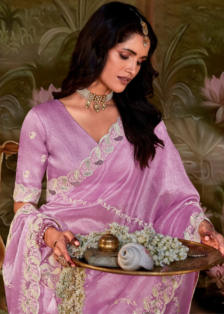 Lavender Saree With Embroidery And Handwork Designer Cut Border