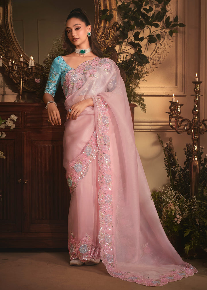 Baby Pink Tissue Organza Saree With Heavy Embroidery