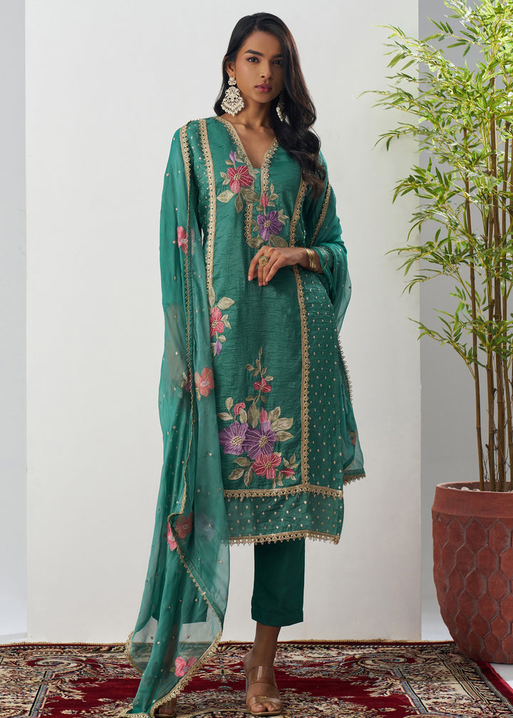 Dark Emerald Green Silk Pant Suit With Chiffon Dupatta