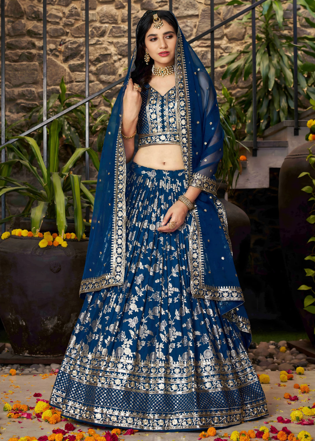 Dove Blue Sequins and Zari Embroidery Work Silk Lehenga