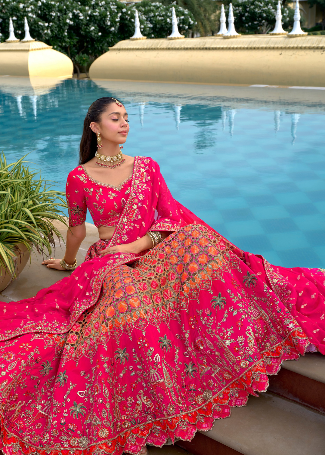 Hot Pink And Orange Silk Lehenga With Cut Work Border And Embroidery