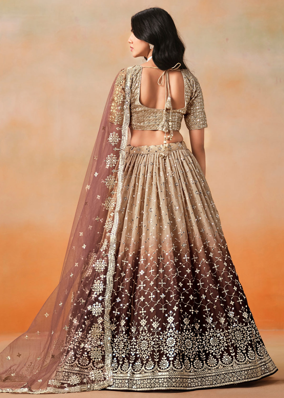 Brown Sequins Zari Embroidered Work Georgette Lehenga